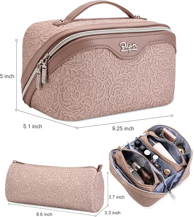BOYATU Travel Makeup Bags Cosmetic Organizer Bag: 3-Set Large Capacity Make up Bag - PU Leather Toiletry Bags for Women - Wide Open Portable Pouch with Divider & Handle (A-Light Pink)