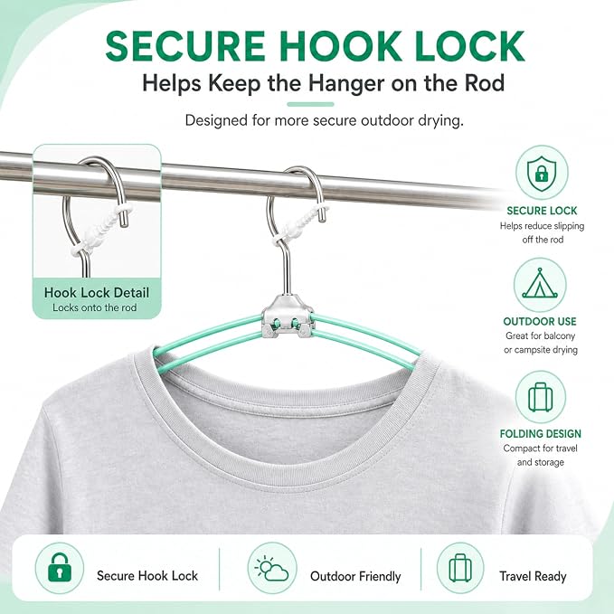 5 Pack Green Travel Hangers with Clips, Portable Stainless Steel Folding Clothes Hangers with Windproof Hook, Heavy Duty Non-Slip Space Saving Hangers for Cruise Essentials, Camping, Hotel