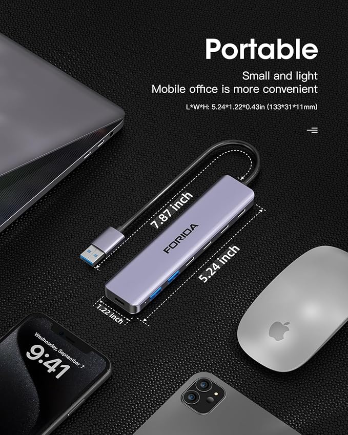FORIDA Aluminum Alloy 7-Port USB Hub, Portable Multiport USB Splitter Adapter with 4 USB-C 3.0, 2 USB 2.0, 5V Charging Port, Fast USB Extender Compatible with Laptop, PC, Desktop Computer