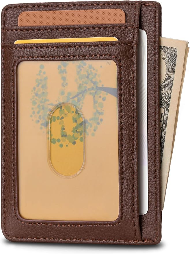 Buffway Slim Minimalist Front Pocket RFID Blocking Leather Wallets for Men and Women - Lichee Coffee