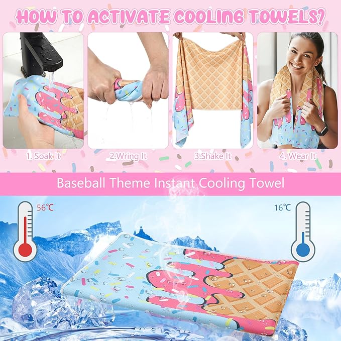 Hahafelt 12 Pack Ice Cream Drip Baseball Cooling Towels for Boys, Ice Cream Print Sports Towels with Bags, 40"x12" Breathable Chilly Towel, Colorful Summer Microfiber Towel for Sport Team Gift Beach