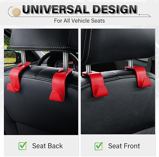 SINGARO 4 Pack Car Seat Headrest Hooks, Vehicle Back Seat Hanger Storage Organizer for Purse Handbag Backpack Coat Grocery, 360° Rotating Heavy Duty Holds 44lbs, Red