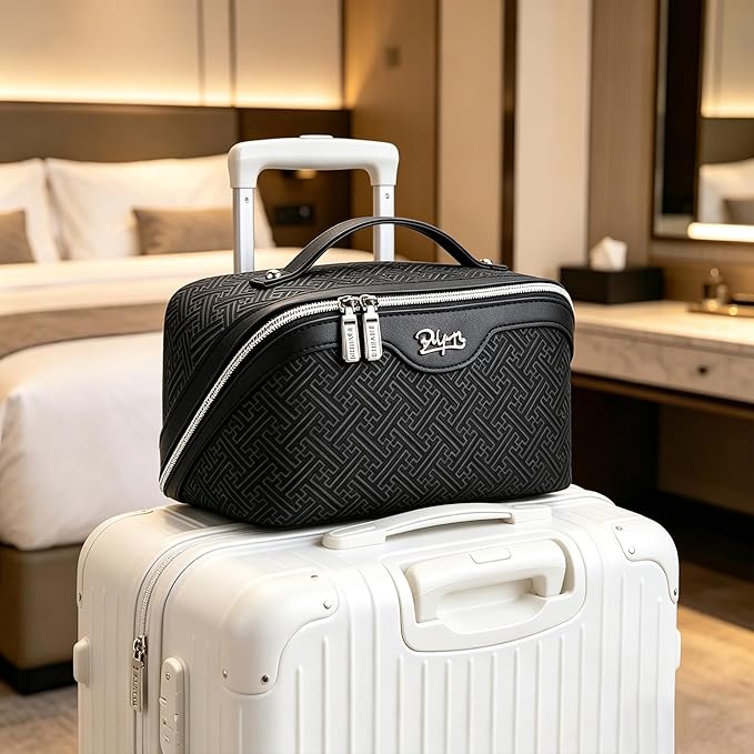 BOYATU Travel Makeup Bags for Women: Vintage Roman Column Texture Large Capacity Cosmetic Bag - Each Journey, Quiet Luxury Serenity - 3 Pcs Set Organizer Toiletry Purse 50% Extra Storage(Black)