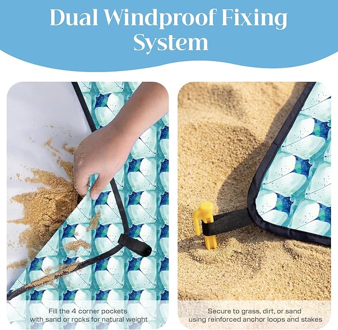 OIGAE Oversized Beach Blanket, 9×10 ft Sand-Free Outdoor Mat for Groups, Quick-Dry Picnic Blanket with Stakes & Corner Pockets, Manta Ray