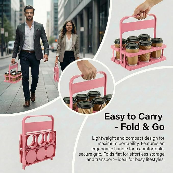 6 Cup Drink Carrier for Delivery - Foldable Drink Holder with Handle, Reusable Cup Carrier for Drinks, Portable Beverage Caddy Accessories for Parties, Camping, Car, Coffee & Bottles (Pink)