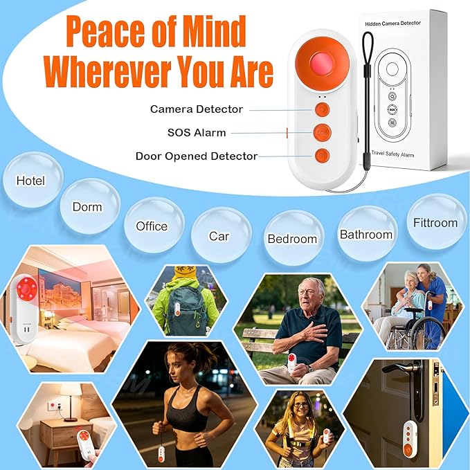 3-in-1 Travel Safety Alarm - Hotel Safety Devices with Hidden Camera Detector & Door Alarms When Opened & Self Defense Personal Safety Alarm, Portable Multifunctional Travel Safe Essentials
