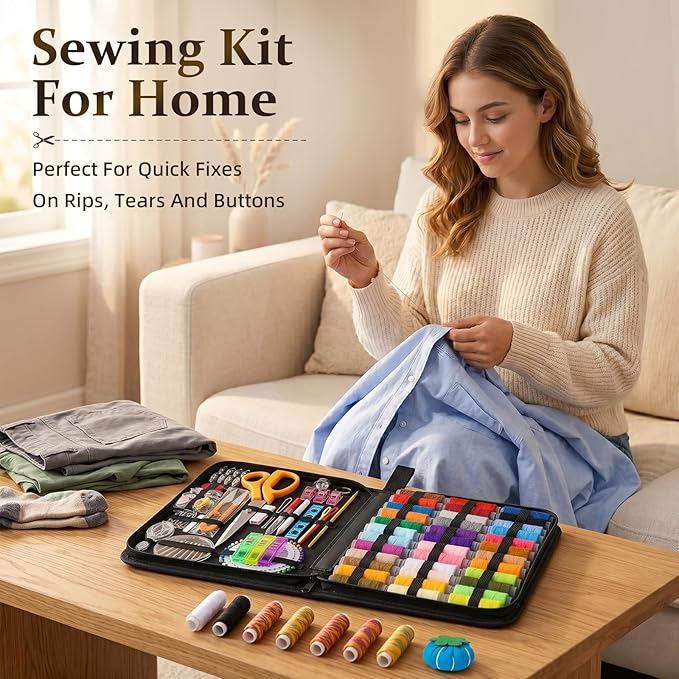 JJRING 200 PCS Sewing Kit for Adults, Premium Needle and Thread Kit with Portable Handbag & Beautiful Gift Box, Complete Hand Sewing Supplies for Beginners, Home, Travel DIY and Emergency Repair