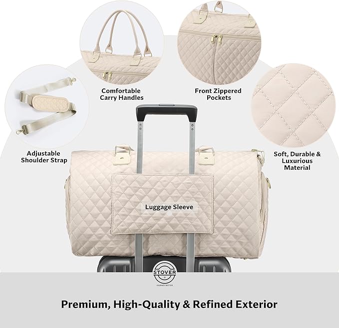 STOVER Women’s Convertible Garment Duffel Bag for Travel – 2-in-1 Carry-On Weekender/Overnight Tote - Wrinkle-Free Dresses, Suits & Clothes + Shoe Compartment & Bonus Toiletry Bag (Cashmere Cream)