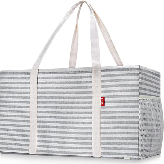 LHZK 2 Pack Extra Large Utility Tote Bag with Metal Wire Frame and the Sides Rinforced, Extra Large Tote Bag with Handle for Pool Beach Laundry Storage (Gray)