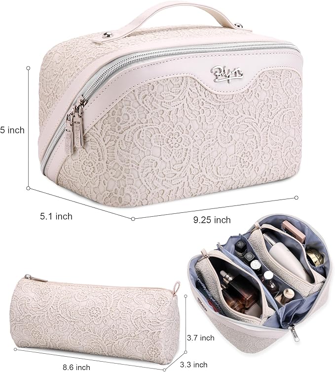 BOYATU Travel Makeup Bags Cosmetic Organizer Bag: 3 Pcs Set Large Capacity Make up Bag with Compartments - Waterproof Leather Toiletry Bags with Handle for Women (A-White)