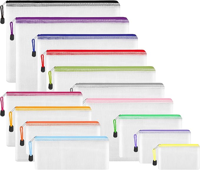 EOOUT 14pcs Zip Pouch Organizers, Mesh Bags with Zipper, 8 Sizes 14 Colors, Waterproof, for Travel, School, Office & Home