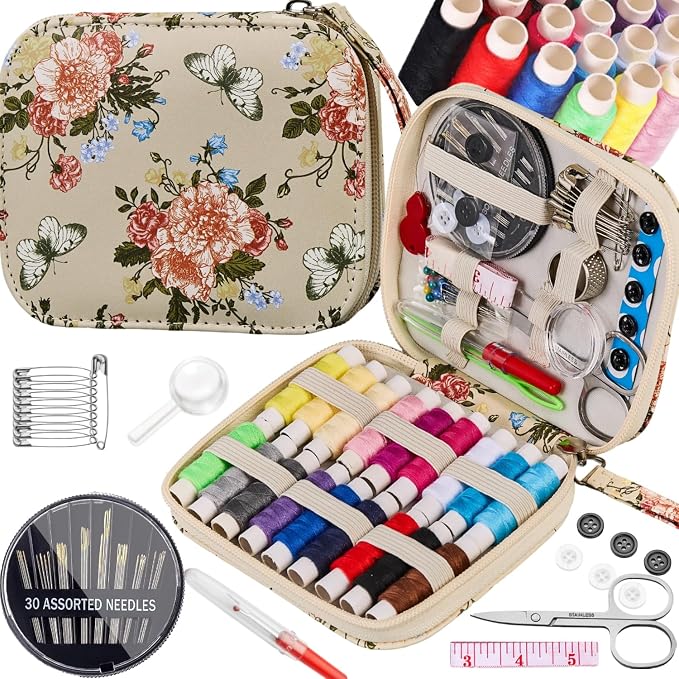 Butterfly Floral Printing Sewing Kit Cute Sewing Set | Travel Basic Sewing Kit Case for Adults Beginners,Professional Basic Sewing Supplies for Emergency