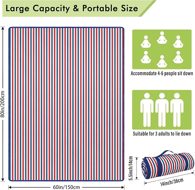 Independence Day Picnic Blankets Waterproof Foldable, Fourth of July Packable Picnic Mat Large Outdoor Blanket for Grass, Sandproof Picnic Accessories for Festival Party Beach Tent Lawn
