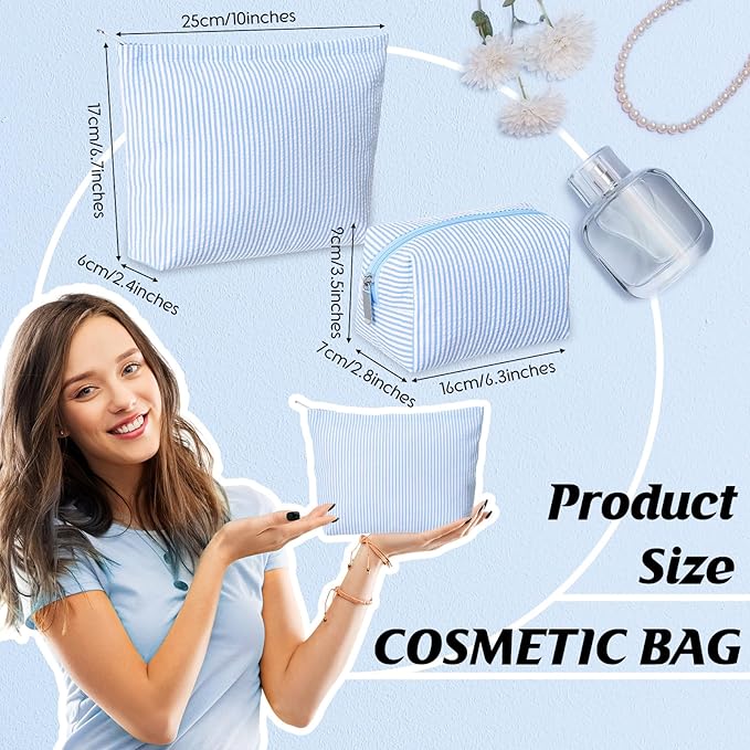 Huhumy 2 Pcs Makeup Bag Set Cute Cosmetic Pouch for Women Seersucker Travel Toiletry Bag Preppy Small Makeup Purse Pouch Aesthetic Skincare Brushes Storage Organizer for Valentine Women(Blue)