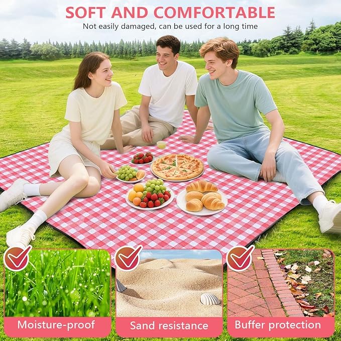 OBTANIM Extra Large Picnic Blanket 60 x 80 Inch Waterproof Foldable Beach Blankets Outdoor Picnic Mat for Camping Grass Lawn Park Music Festival Party Accessories (Red and White)