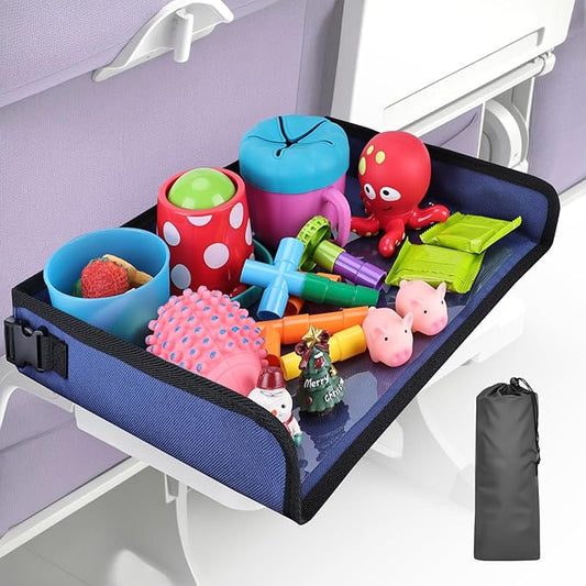 Kids Tray Table Cover, Airplane Tray Cover with Pockets, Airplane Travel Essentials for Kids, Portable Airplane Must Haves for Toddler on Plane or Train and Flying Supplies (Navy Blue)