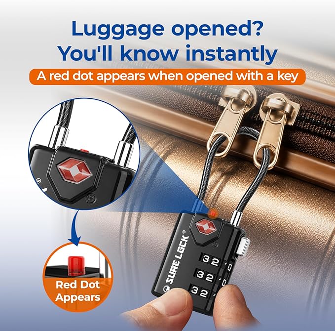 SURE LOCK TSA Compatible Travel Luggage Locks, Inspection Indicator, Easy Read Dials TSA Approved with Zinc Alloy (1, Black 8 Pack)