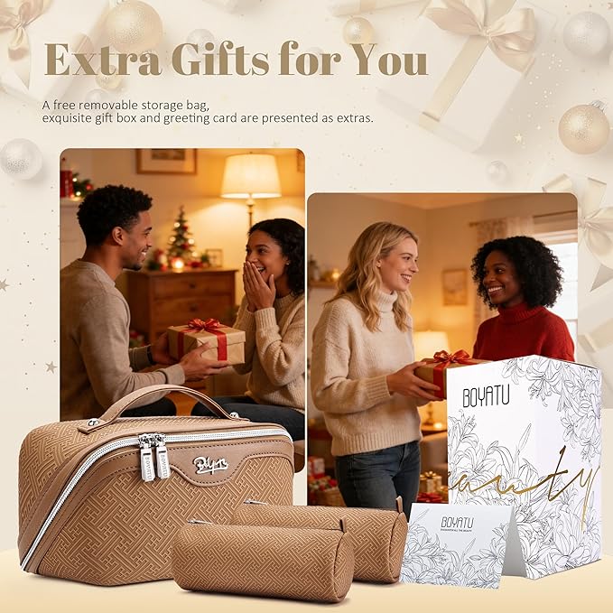 BOYATU Travel Makeup Bags for Women: Vintage Roman Column Texture Large Capacity Cosmetic Bag - Each Journey, Quiet Luxury Serenity - 3 Pcs Set Organizer Toiletry Purse 50% Extra Storage(Brown)