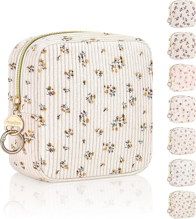 Floral Period Bag, Small Period Pouches for Teen Girls, Corduroy Sanitary Napkin Storage Bag, Compact Discreet Pad and Tampon Holder for Purse (Floral-MIni Yellow)