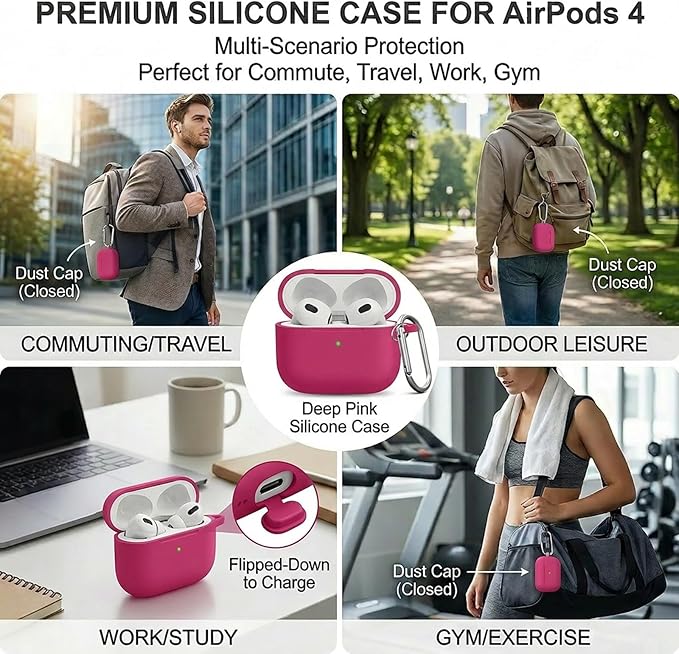 Silicone Case Cover for AirPods 4th Gen, Soft Skin, Full Protection, Keychain, Cleaner Kit (Pink Red)