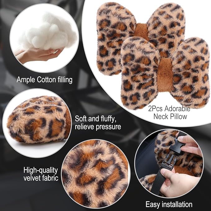 Macarrie 2 Pcs Car Neck Pillow Velvet Bow Headrest Pillow Soft Comfortable Seat Neck Support Cute Bow Car Accessories for Driving Travel Driver Chair Girl Style Interior Decor (Leopard)