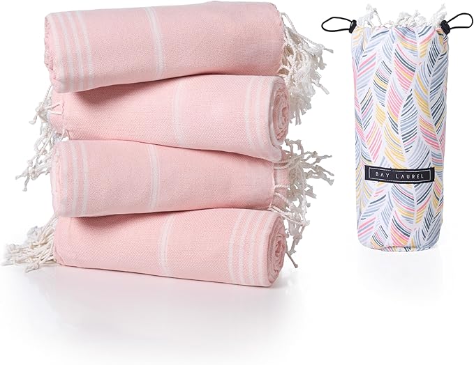 BAY LAUREL 4-Pack Oversized Turkish Beach Towels – Quick Dry, Sand Free Towels with Travel Bags, 39"x71", Lightweight (Pack of 4 - Blush with Floral Bag)