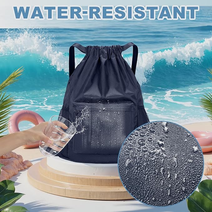 Tygelluis Drawstring Backpack, Waterproof Gym Bag with Water Bottle Pocket for Women Men, Pull String Sport Bag for Swim, Soccer and Basketball,Navy