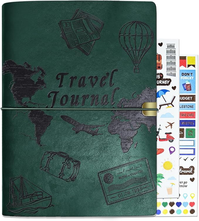 Travel Journal for Women Men and Couples, Leather Travel Notebook with Prompts, Travel Memory Book & Adventure Book (Green)
