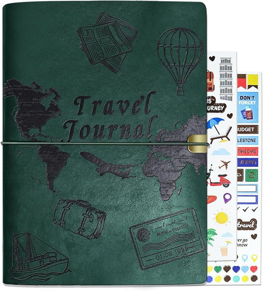 Travel Journal for Women Men and Couples, Leather Travel Notebook with Prompts, Travel Memory Book & Adventure Book (Green)