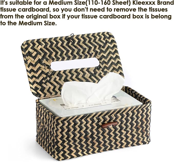 Sumnacon Tissue Box Cover Rectangle Tissue Box Seagrass Tissue Box Holder Woven Tissue Holder Decorative Tissue Cover for Bathroom Tissue Box Cover Rectangular for Home Office Table,Mixed Black
