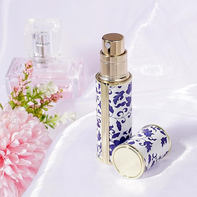 LUEXBOX Portable Perfume Bottle for Travel, Mini Refillable Perfume Dispenser, 5ml Faux Leather Leak Proof Perfume Atomizers, Blue and White Bottles Sprayer for Pocket Perfume (Blue branch)