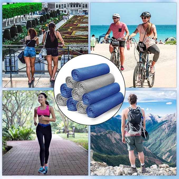 Honoson 10 Pcs Cooling Towel Bulk - Neck & Face Cool Chilly Towels Microfiber Breathable Sport Sweat Rag for Gym, Yoga, Travel, Camping, Running, Outdoor (Grey,Blue)