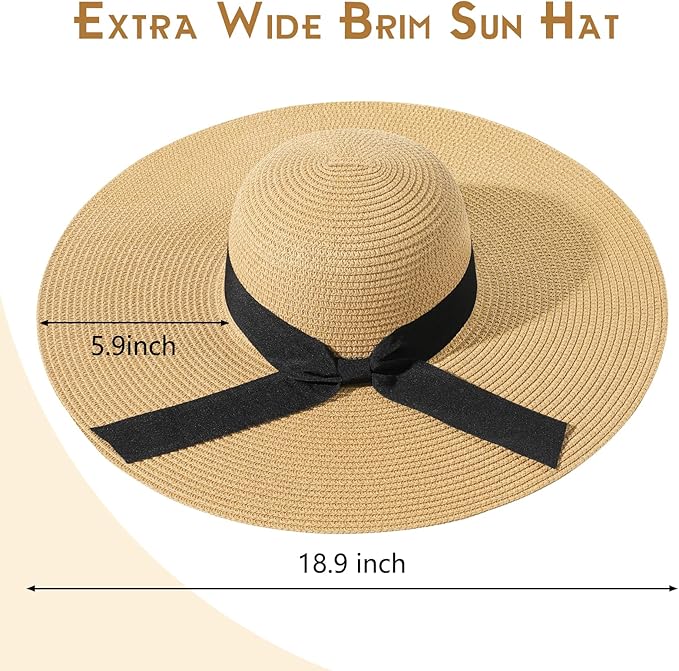 Beach Hat for Women, Wide Brim Sun Straw Hats for Women, Sun Hat Womens UPF 50+ UV Protection, Floppy Foldable Summer Hats