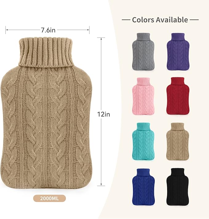samply Hot Water Bottle with Knitted Cover, 2L Hot Water Bag for Hot and Cold Compress, Hand Feet Warmer, Ideal for Menstrual Cramps, Neck and Shoulder Pain Relief, Khaki