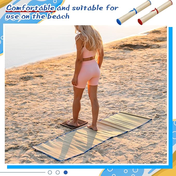 Qunclay 4 Packs Straw Beach Mat Waterproof Non Slip Straw Mat Foldable Lightweight Picnic Mat with Trim for Camping Sunbathing Picnic Floor Yoga