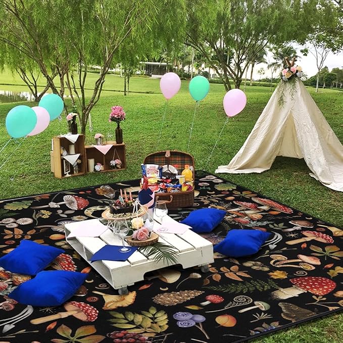 Supfitness Extra Large Picnic Blankets Waterproof Foldable (80"x 80") Mushroom Beach Blanket Waterproof Sandproof,3-Layer Thicking Mat Outdoor Packable Camping Blanket