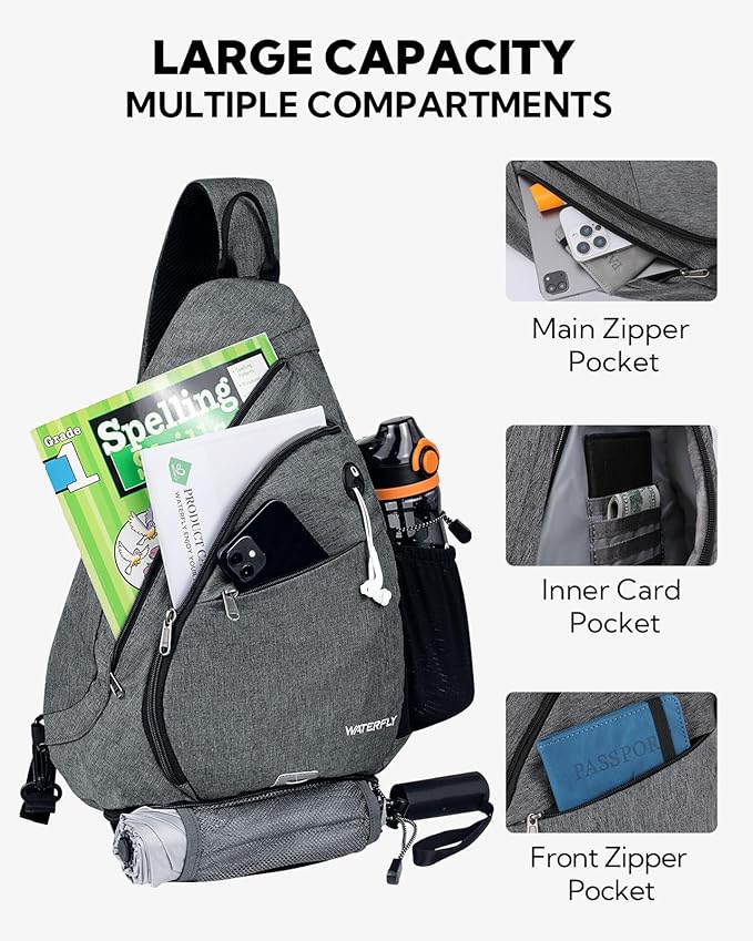 WATERFLY Sling Bag Sling Backpack Small Crossbody Shoulder Bag for Men Women Traveling Cycling Hiking Daypack
