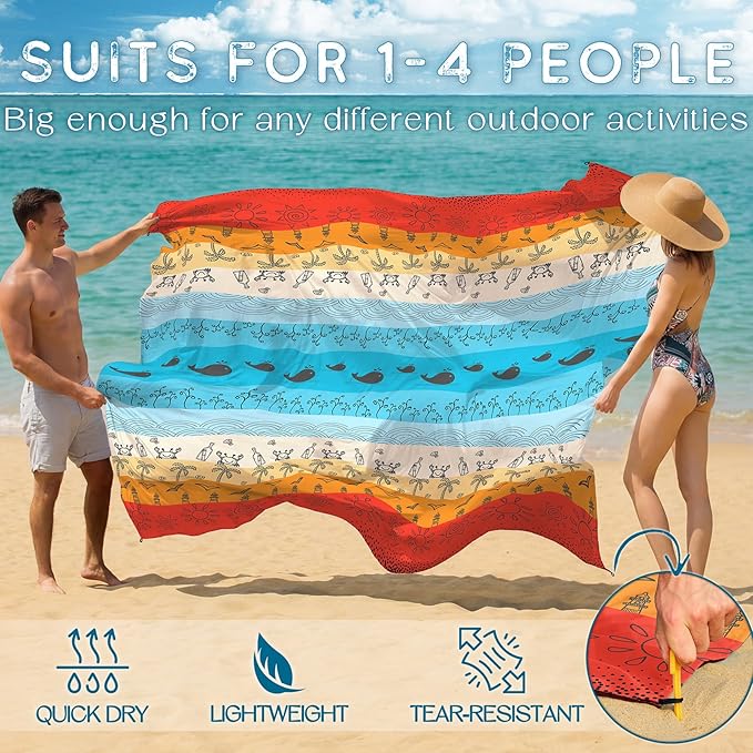 BYDOLL Beach Blanket Waterproof Sandproof Large Sand Free,78''X81''/10'X9' Oversized Sandless Lightweight Blanket Picnic Mat for Beach Travel Camping Hiking with Stakes