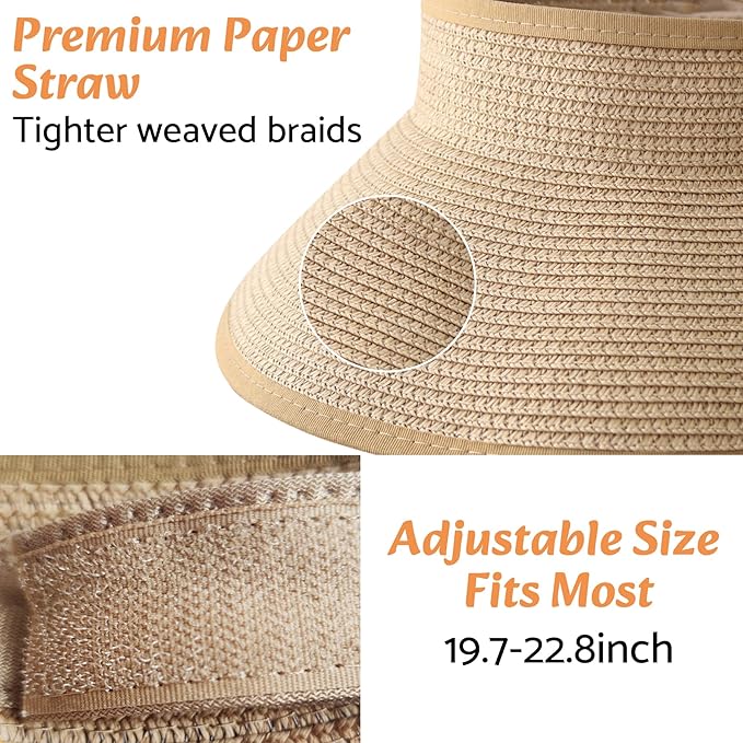 NPQQUAN Sun Visor Hats for Women Wide Brim Ponytail Straw Beach Hat Packable Foldable UPF 50+ Floppy Travel Hats