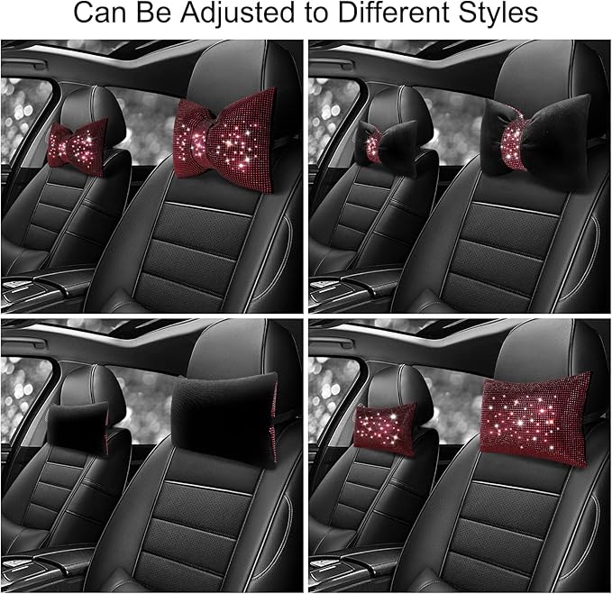 surpassme 2PCS Rhinestone Car Headrest Neck Pillow for Driving with Bling Bling Crystal Bow Pillow Car Accessories for Women (Red)