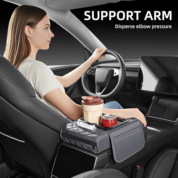 5 in 1 Car Center Console Cover, Armrest Pad with 2 Storage Pockets, Cup Holder, Tissue Slot, Phone Holder, Nappa Leather Memory Foam Car Accessories for SUV Sedan Truck (Gray)