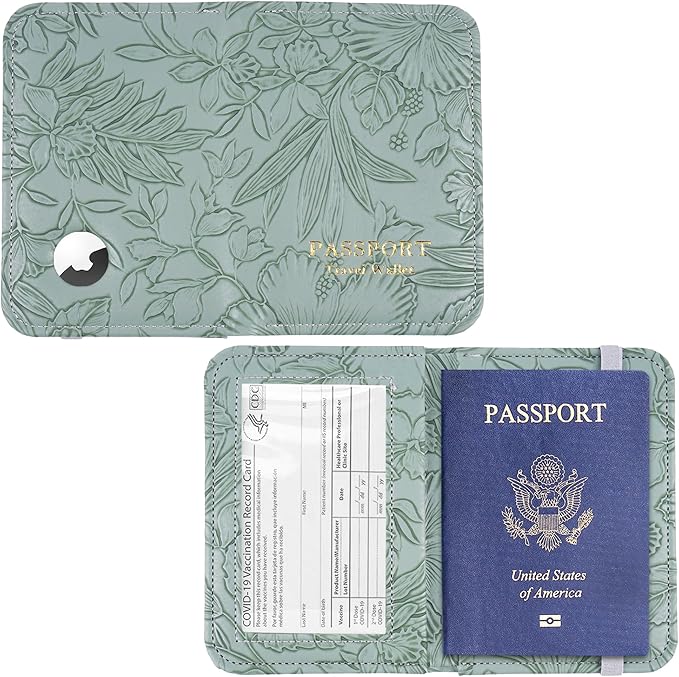 lizimandu Passport Holder with Airtag Slot, Airtag Passport Wallet for Men Women, Slim Leather Passport Holder Case Family for Travel Anti-Lost(1-Carved Green2)