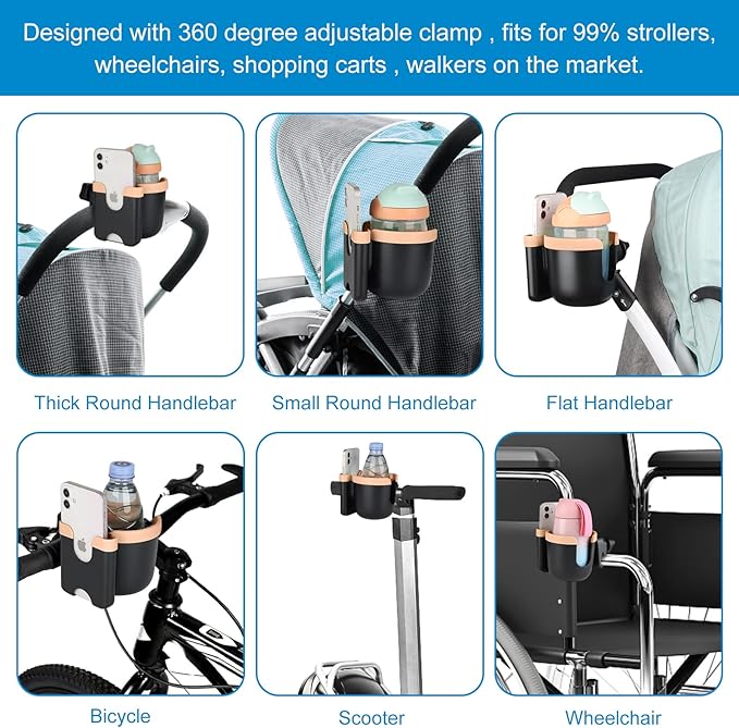 Accmor Stroller Cup Holder with Phone Holder, Bike Cup Holder, Universal Cup Holder for Uppababy Nuna Doona Strollers, 2-in-1 Cup Holder for Walker, Wheelchair, Scooter