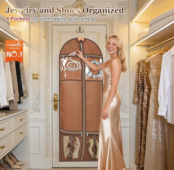 MISSLO 60" Dress Bags for Gowns Long with 4 Large Pockets Garment Bags for Travel for Women Heavy Duty Wedding Dress Bag for Hanging Clothes Garment Covers, Beige