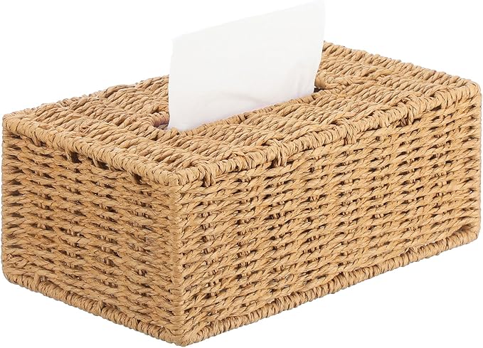 Tissue Box Cover Rectangle Natural Paper Rope Hand Woven Tissue Box Holder for Bathroom Living Room Bedroom Kitchen Table Desk Office Farmhouse Home Decor (Natural)