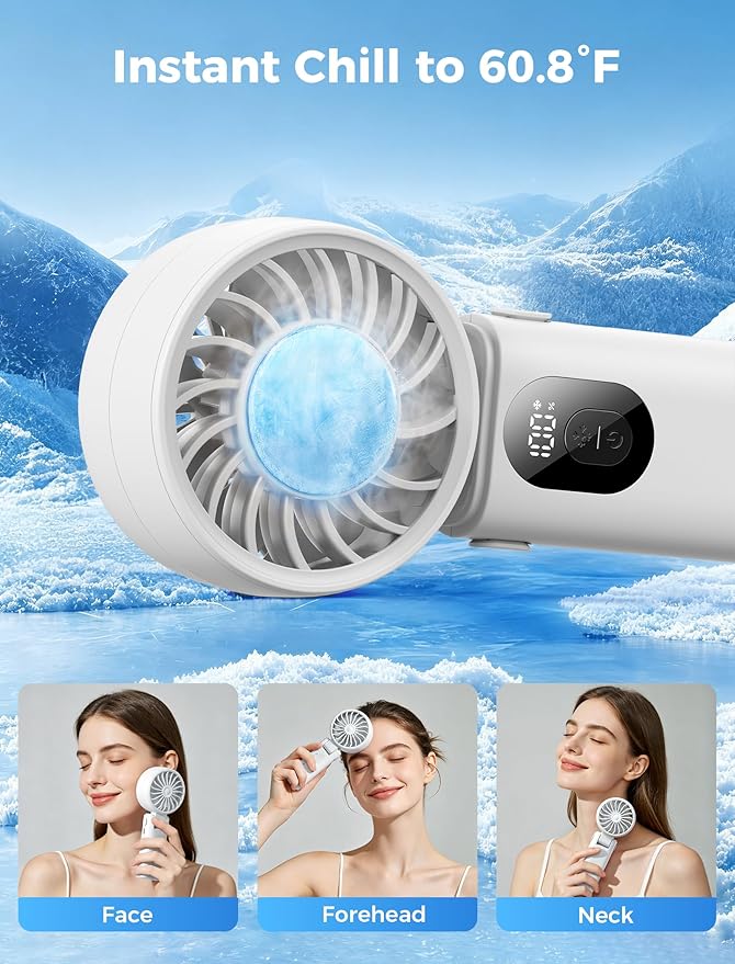 Aecooly Mighty Portable Handheld Fan with Cooling Plate | 20H Max Cooling Time | 3 Flexible Modes | 5 Speeds Wind | Battery Level Display | Mini Personal Battery Powered, Gifts for Women, Travel-White