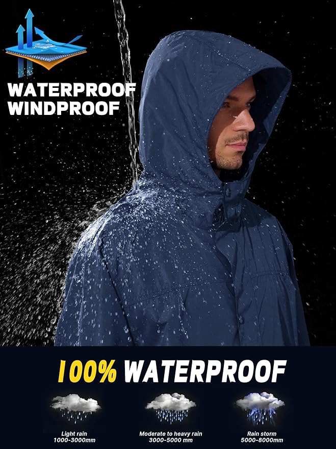 UIQUR Men's Rain Jacket Lightweight Long Raincoat Hood Rain Poncho Waterproof Windbreaker Cycling Running Hiking Packable
