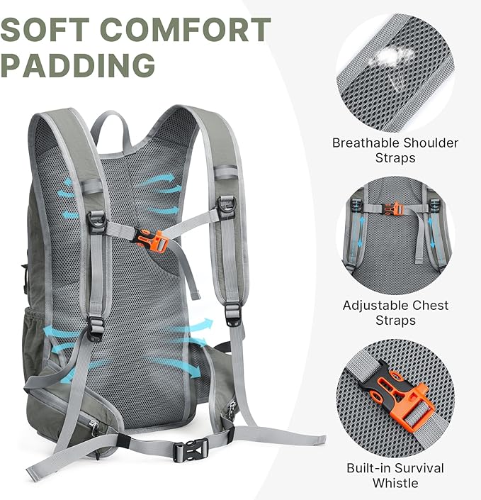 G4Free 20L Hiking Backpack with Waist Strap for Women Men, Lightweight Waterproof Daypack for Travel Camping Outdoor, Grey