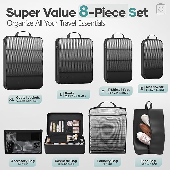 Veken 8 Set Compression Packing Cubes for Travel Essentials,Compressible Expandable Large Luggage Suitcase Organizer Bags for Clothing,Durable Space Saver Storage Bags with Toiletry Bags(Black)