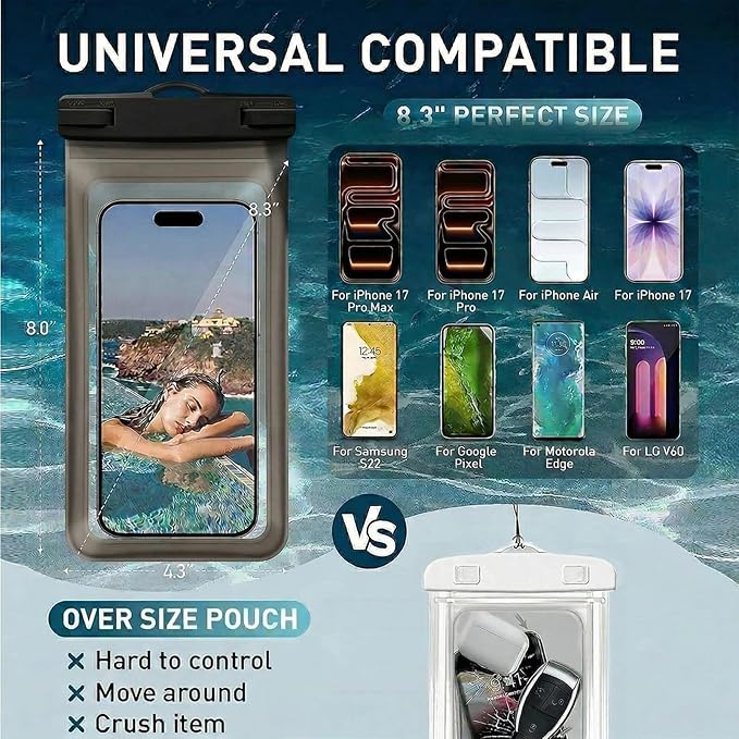 Waterproof Phone Pouch, with Interior Card Pocket, Large Waterproof Phone Case for iPhone 17 16 Pro Max, IPX8 Cellphone Dry Bag, Beach Cruise Ship Essential,1 Pack Translucent Black-8.3″